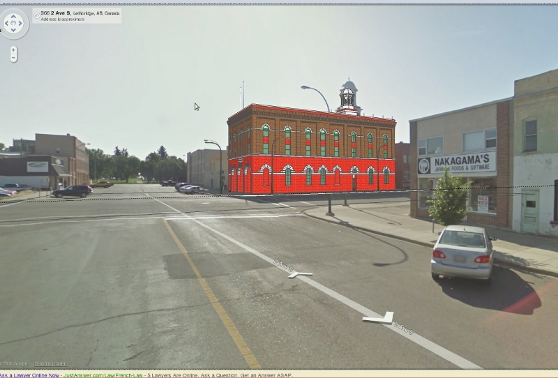 Sketched Fire Hall in street view